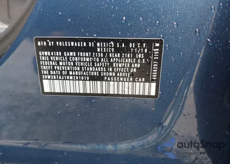 2017 Volkswagen Jetta S z USA, uszkodzony, nr VIN 3VW2B7AJ1HM281010